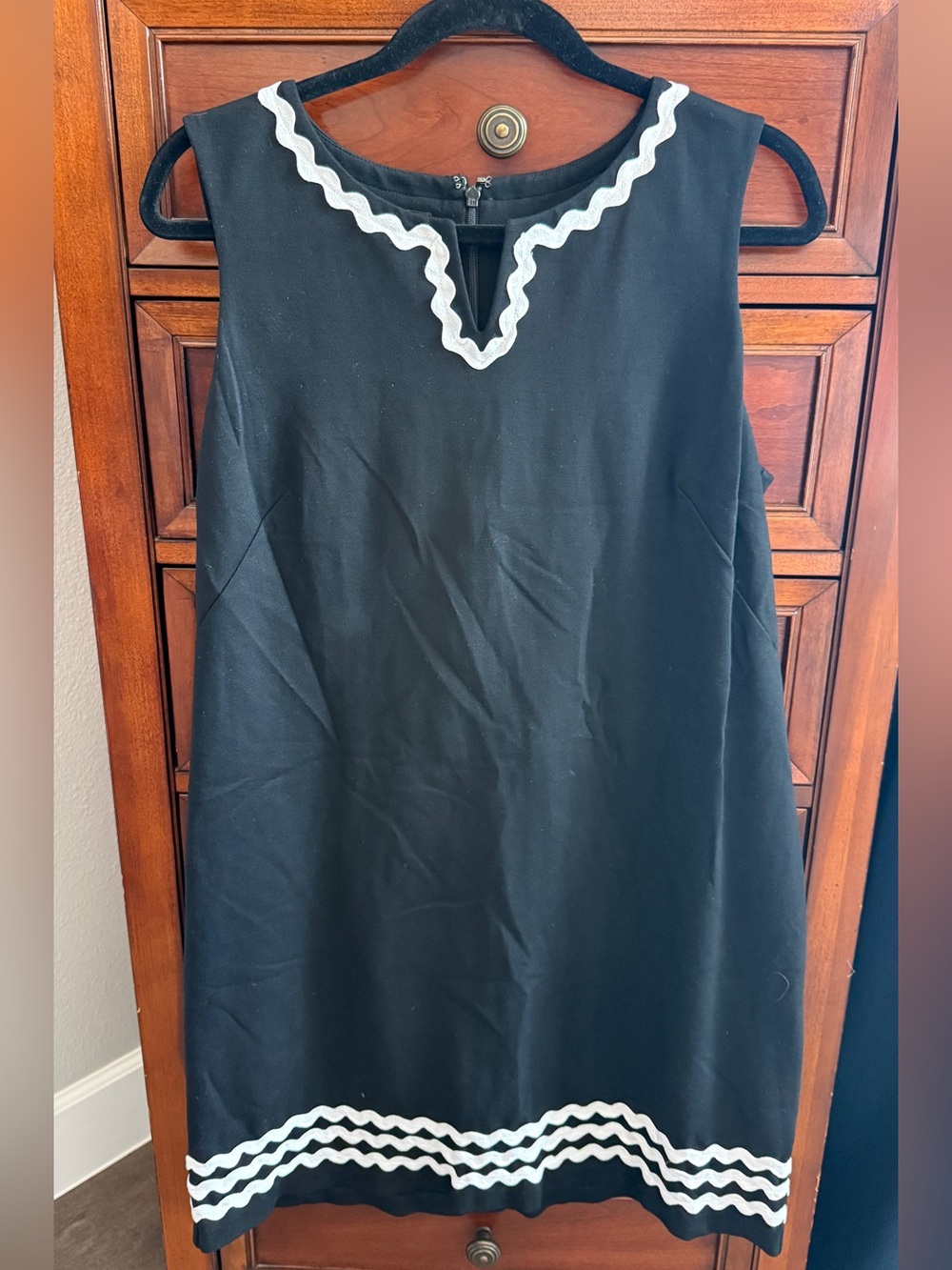 Talbots Black Sleeveless A-Line Dress with White Scalloped Trim